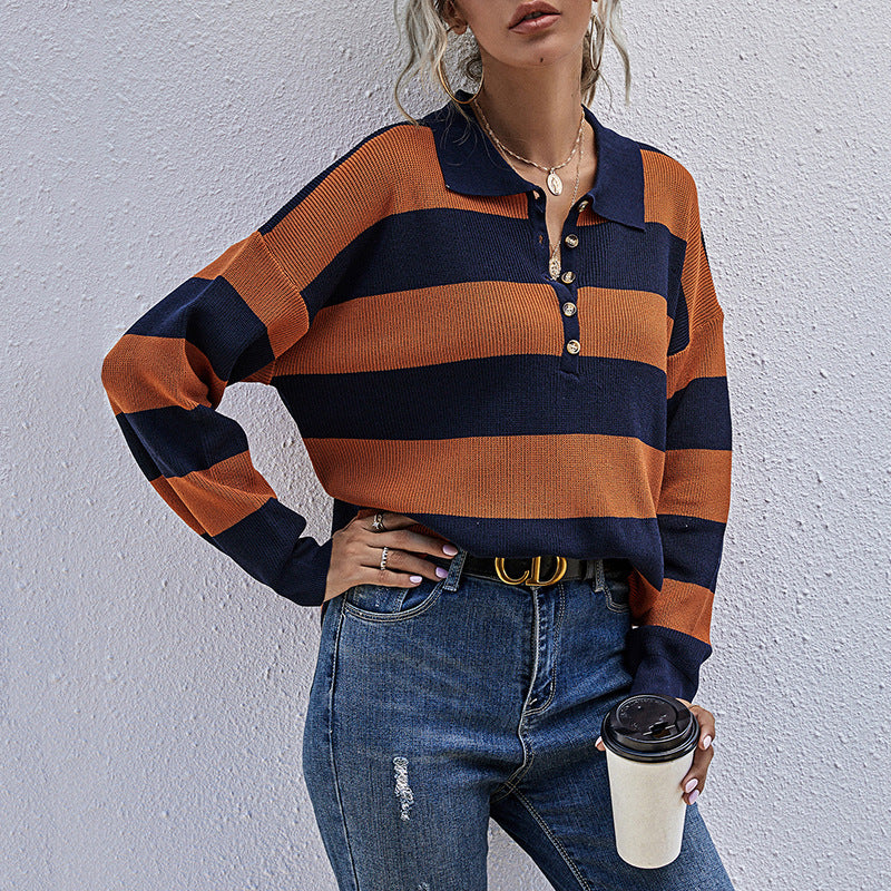 Oversized Striped Knit Sweater with Polo Collar
