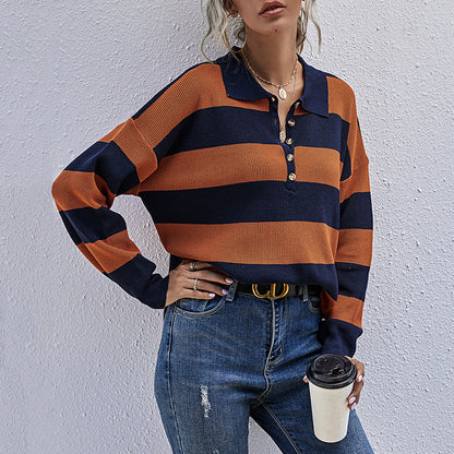 Oversized Striped Knit Sweater with Polo Collar