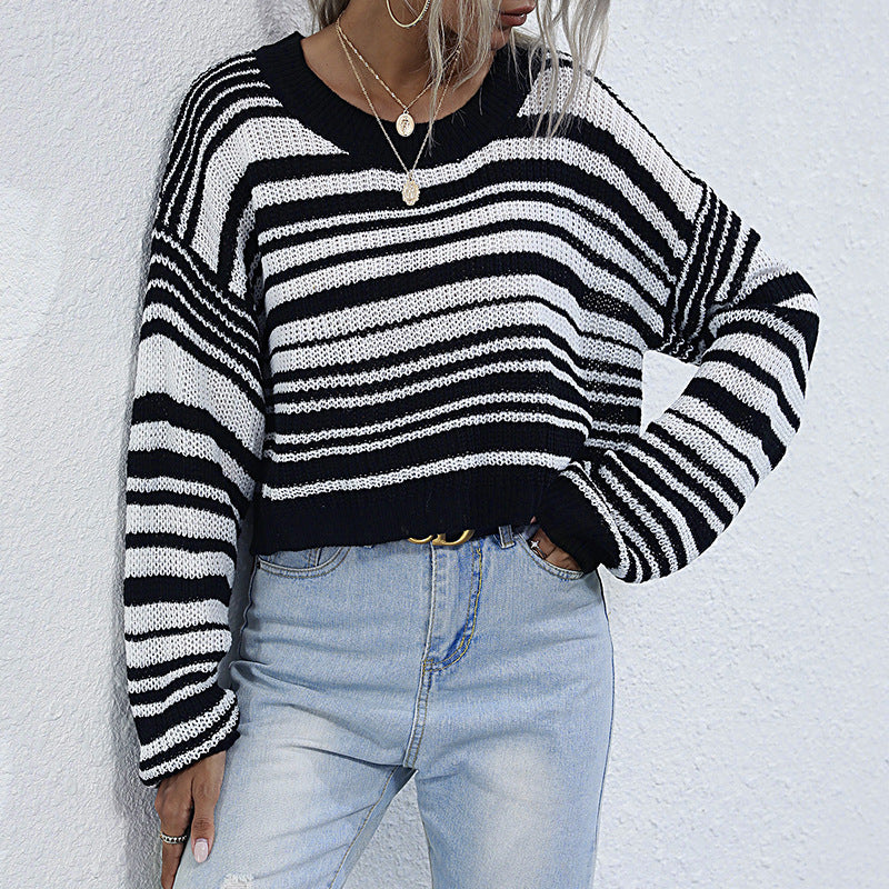 Striped Knit Sweater with Crewneck and Cropped Length