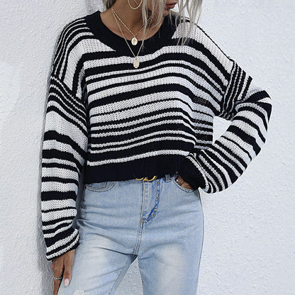 Striped Knit Sweater with Crewneck and Cropped Length