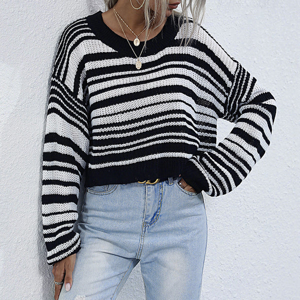 Striped Knit Sweater with Crewneck and Cropped Length