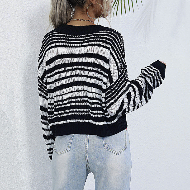 Striped Knit Sweater with Crewneck and Cropped Length