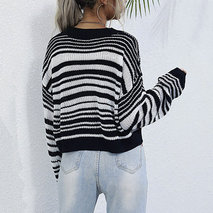 Striped Knit Sweater with Crewneck and Cropped Length