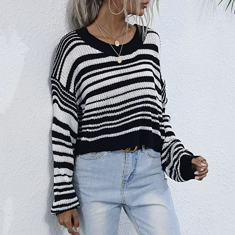 Striped Knit Sweater with Crewneck and Cropped Length