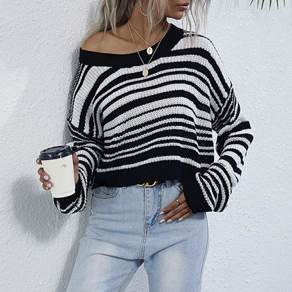 Striped Knit Sweater with Crewneck and Cropped Length