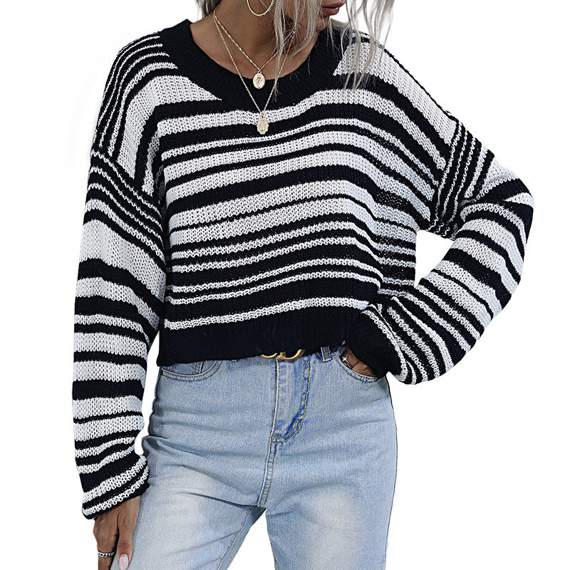 Striped Knit Sweater with Crewneck and Cropped Length