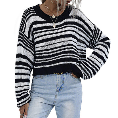 Striped Knit Sweater with Crewneck and Cropped Length