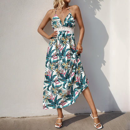Tropical Print Midi Dress with Halter Neck and Lace Waist