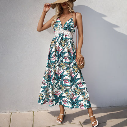 Tropical Print Midi Dress with Halter Neck and Lace Waist