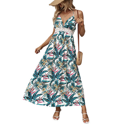 Tropical Print Midi Dress with Halter Neck and Lace Waist