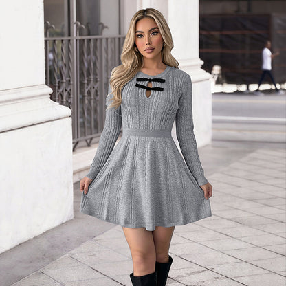 Cable Knit A-Line Dress with Bow and Keyhole Neckline