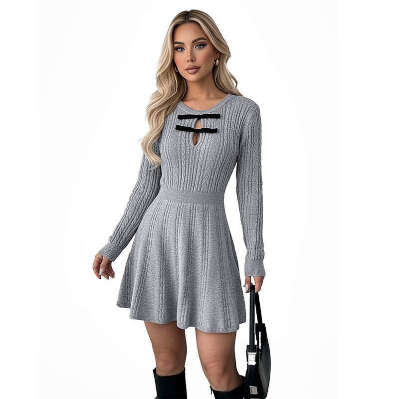 Cable Knit A-Line Dress with Bow and Keyhole Neckline
