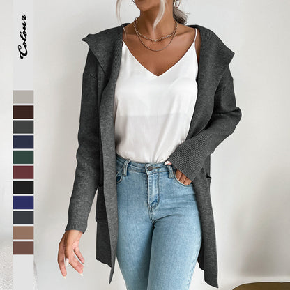 Long Open-Front Cardigan with Hood and Ribbed Knit