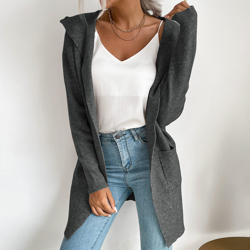 Long Open-Front Cardigan with Hood and Ribbed Knit