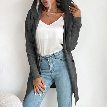 Long Open-Front Cardigan with Hood and Ribbed Knit