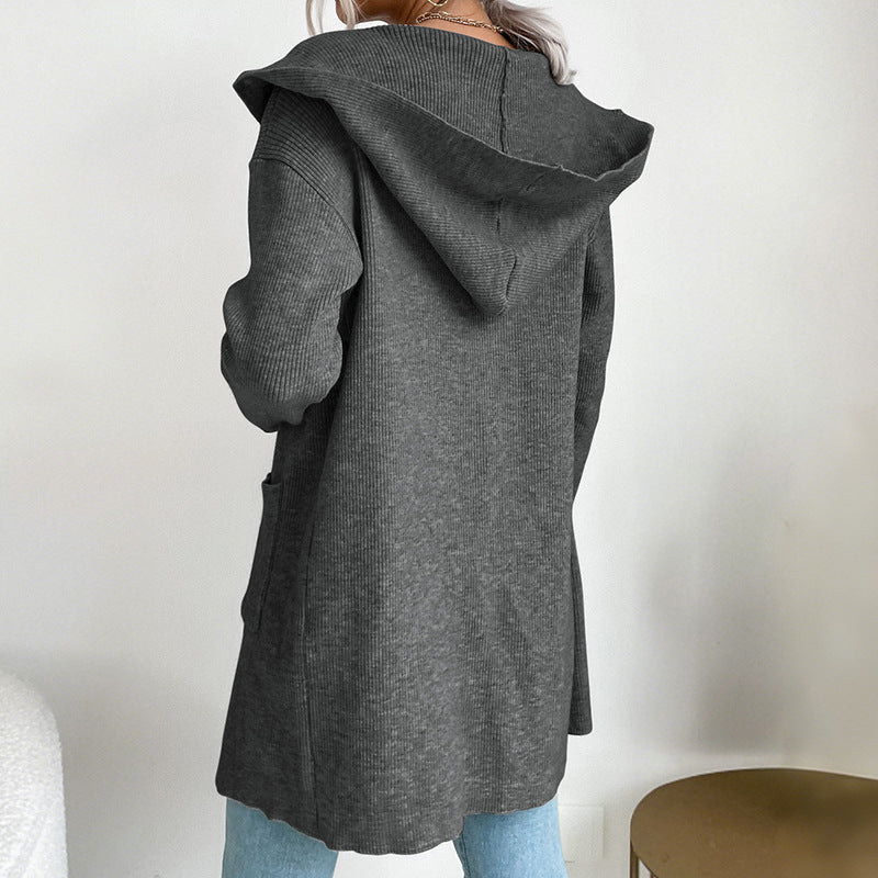 Long Open-Front Cardigan with Hood and Ribbed Knit