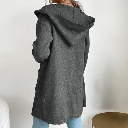 Long Open-Front Cardigan with Hood and Ribbed Knit