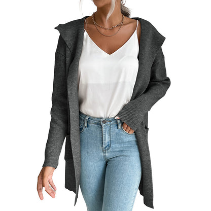 Long Open-Front Cardigan with Hood and Ribbed Knit