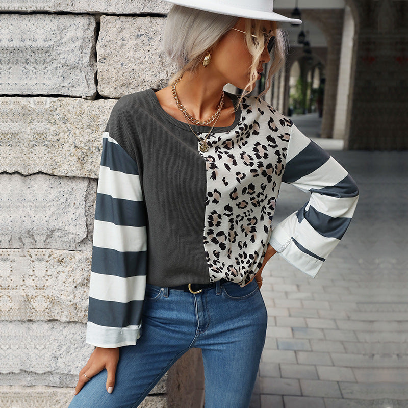 Loose Fit Patchwork Knit Top with Leopard Print and Striped Sleeves