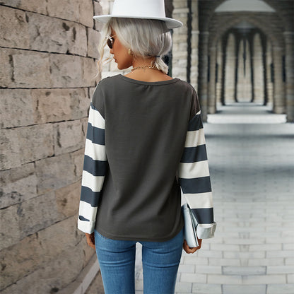 Loose Fit Patchwork Knit Top with Leopard Print and Striped Sleeves