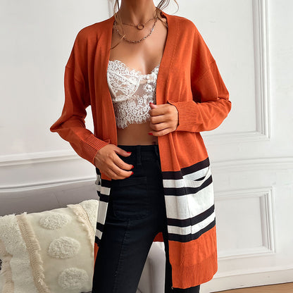 Color-Blocked Long Open Front Cardigan with Striped Hem