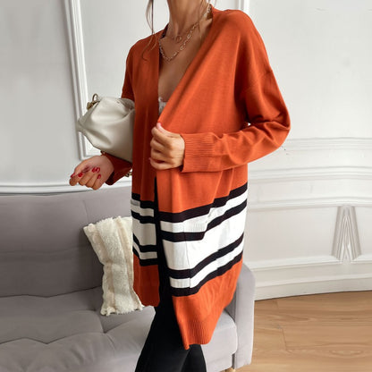 Color-Blocked Long Open Front Cardigan with Striped Hem