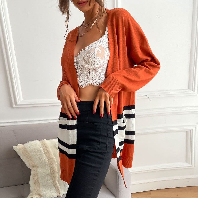 Color-Blocked Long Open Front Cardigan with Striped Hem