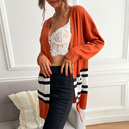 Color-Blocked Long Open Front Cardigan with Striped Hem