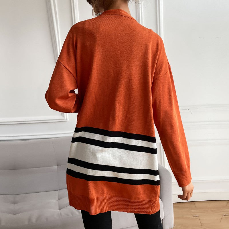 Color-Blocked Long Open Front Cardigan with Striped Hem