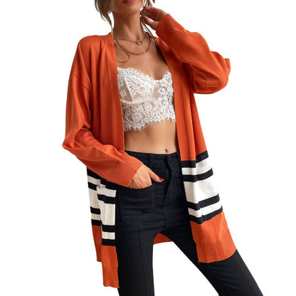Color-Blocked Long Open Front Cardigan with Striped Hem