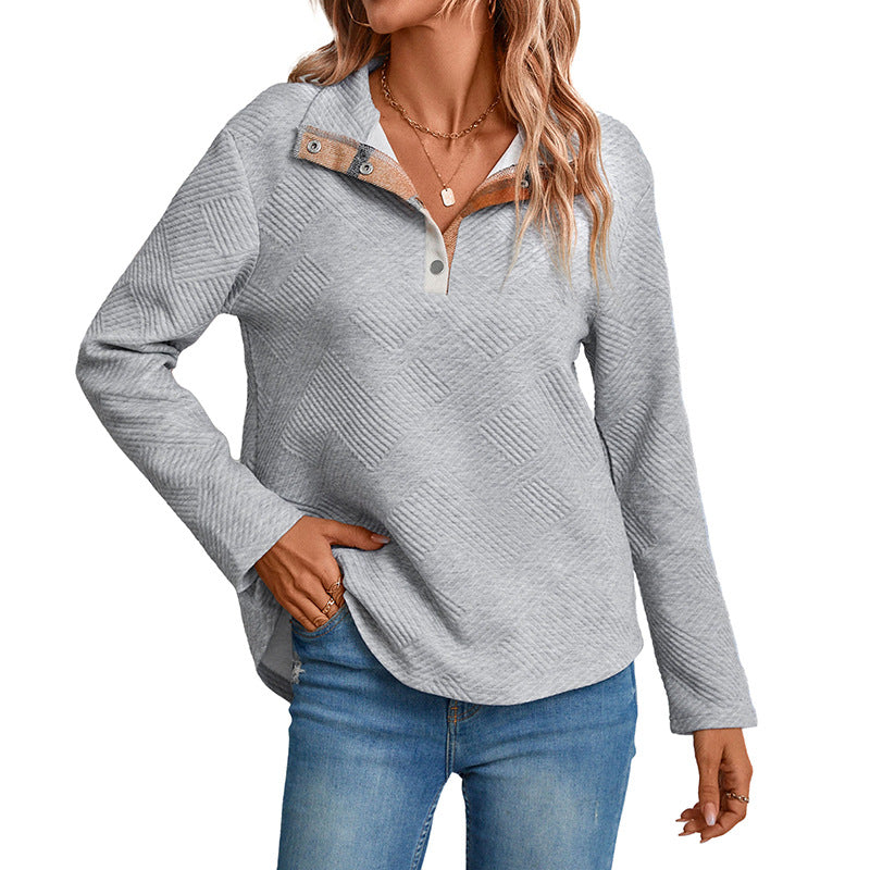 Loose Textured Pullover with Contrast Henley Collar