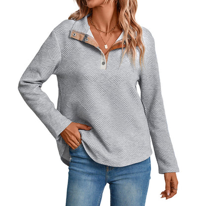 Loose Textured Pullover with Contrast Henley Collar