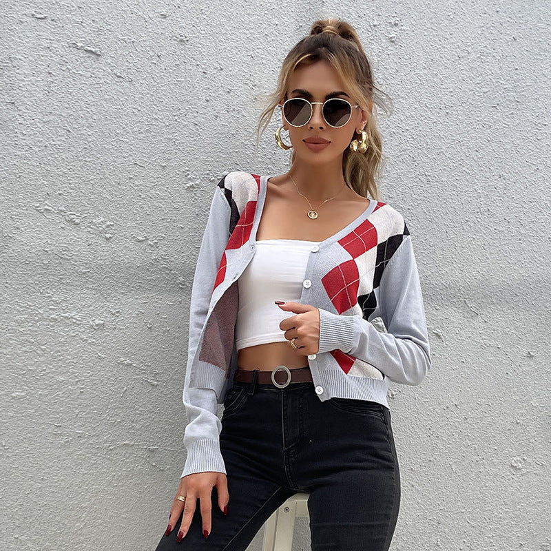 Argyle Cropped Cardigan with V-Neck and Button Front
