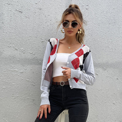 Argyle Cropped Cardigan with V-Neck and Button Front