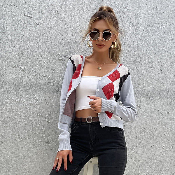 Argyle Cropped Cardigan with V-Neck and Button Front