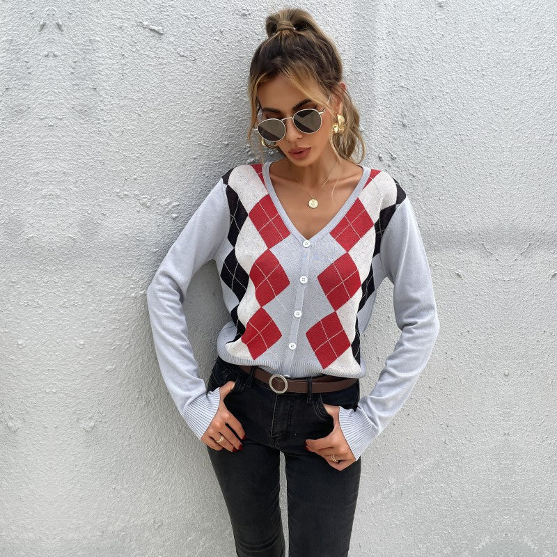Argyle Cropped Cardigan with V-Neck and Button Front