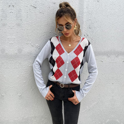 Argyle Cropped Cardigan with V-Neck and Button Front