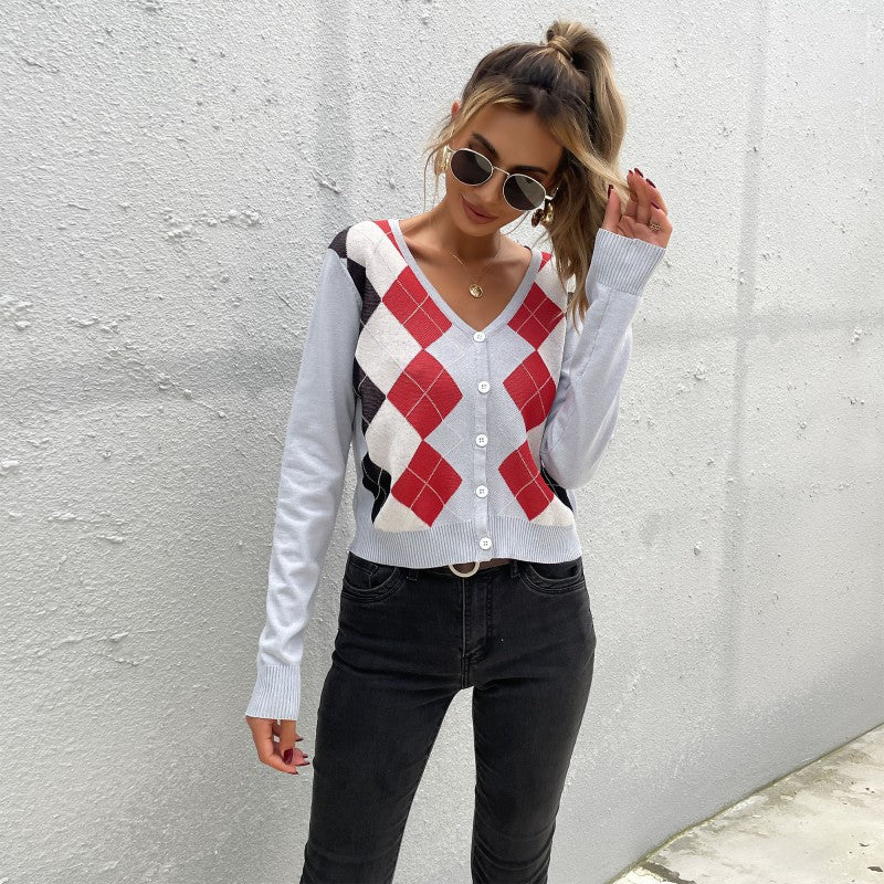 Argyle Cropped Cardigan with V-Neck and Button Front
