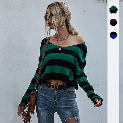Striped Cropped V-Neck Knit Sweater with Distressed Detail