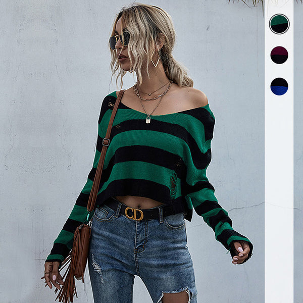 Striped Cropped V-Neck Knit Sweater with Distressed Detail