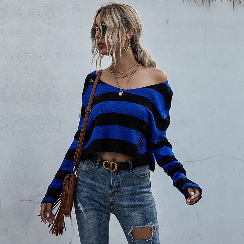 Striped Cropped V-Neck Knit Sweater with Distressed Detail