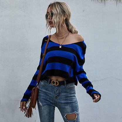 Striped Cropped V-Neck Knit Sweater with Distressed Detail