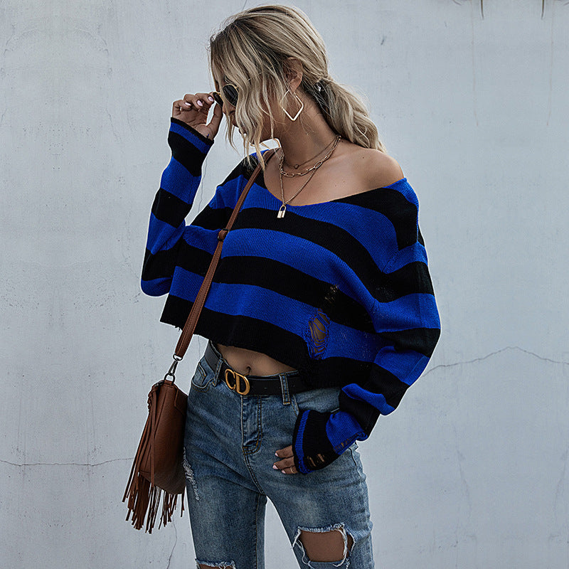 Striped Cropped V-Neck Knit Sweater with Distressed Detail