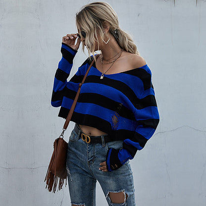 Striped Cropped V-Neck Knit Sweater with Distressed Detail