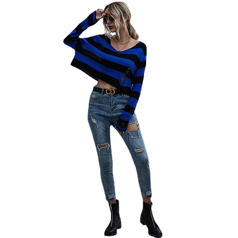 Striped Cropped V-Neck Knit Sweater with Distressed Detail