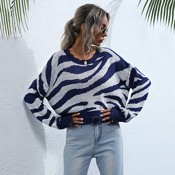 Zebra Print Cropped Knit Sweater with Distressed Hem