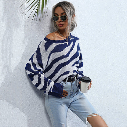 Zebra Print Cropped Knit Sweater with Distressed Hem