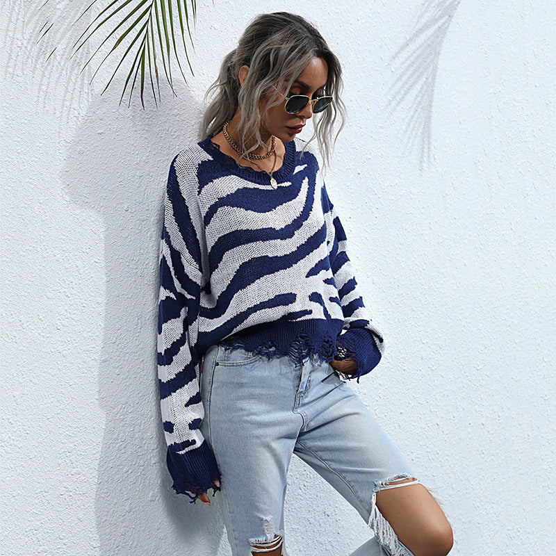 Zebra Print Cropped Knit Sweater with Distressed Hem