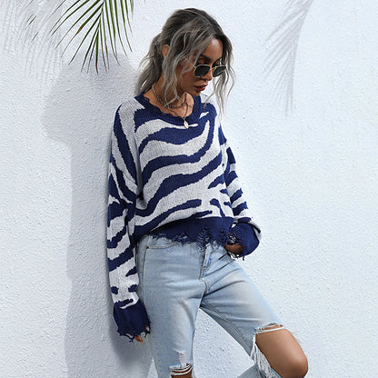 Zebra Print Cropped Knit Sweater with Distressed Hem