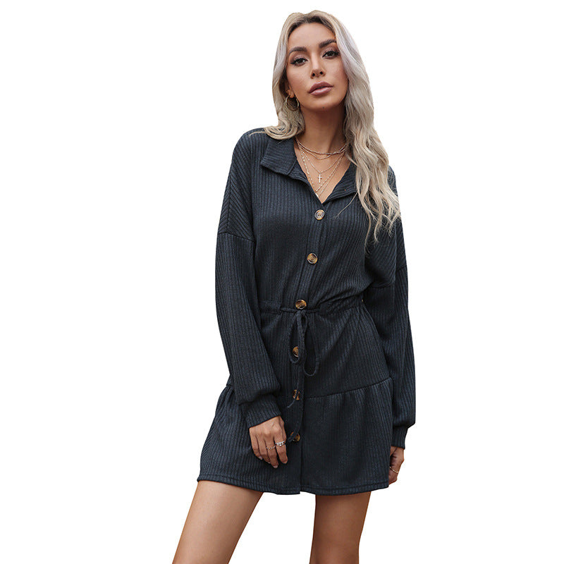 Ribbed Knit Mini Shirt Dress with Tie-Up Waist and Ruffled Hem